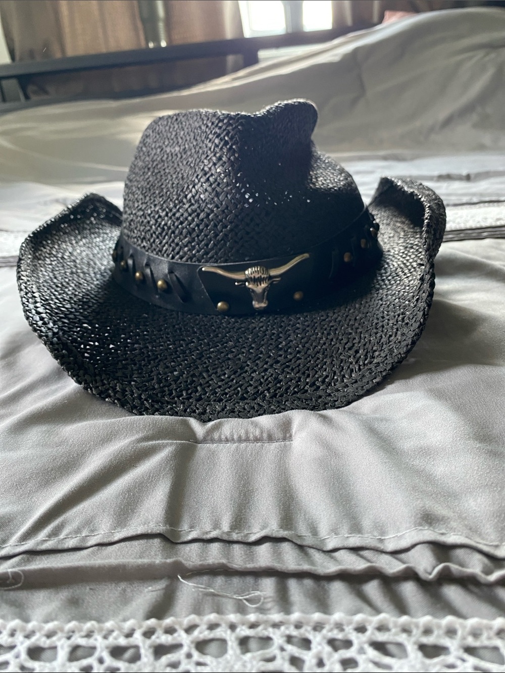 Women’s Black Straw Cowboy Hat with Longhorn Accent